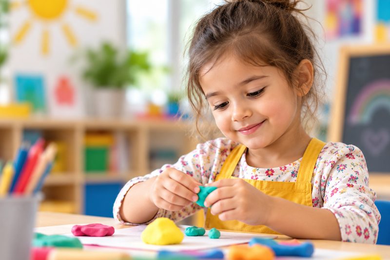 A young pupil shaping coloured modelling clay at a classroom table