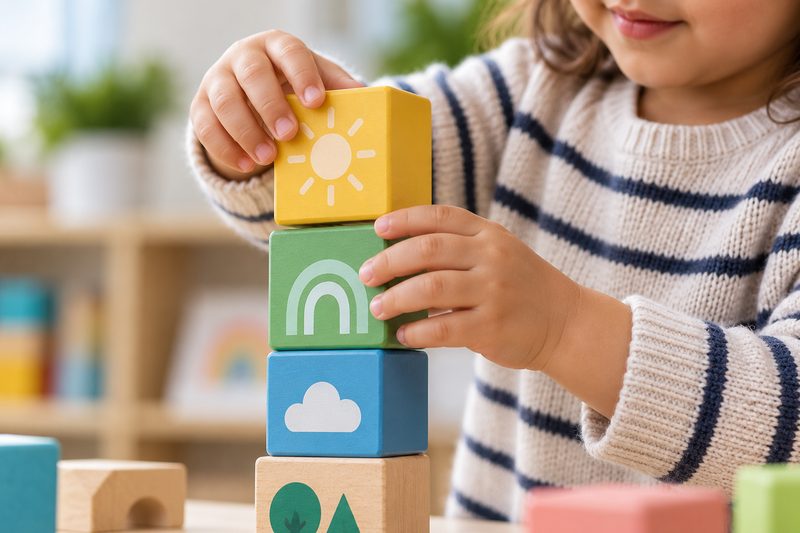 A young child carefully stacking patterned wooden blocks