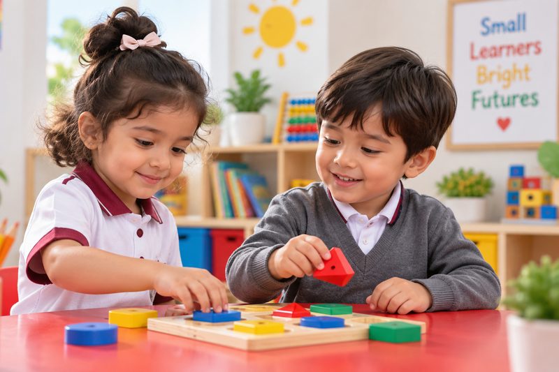 Two young children fitting coloured wooden shapes into a puzzle board