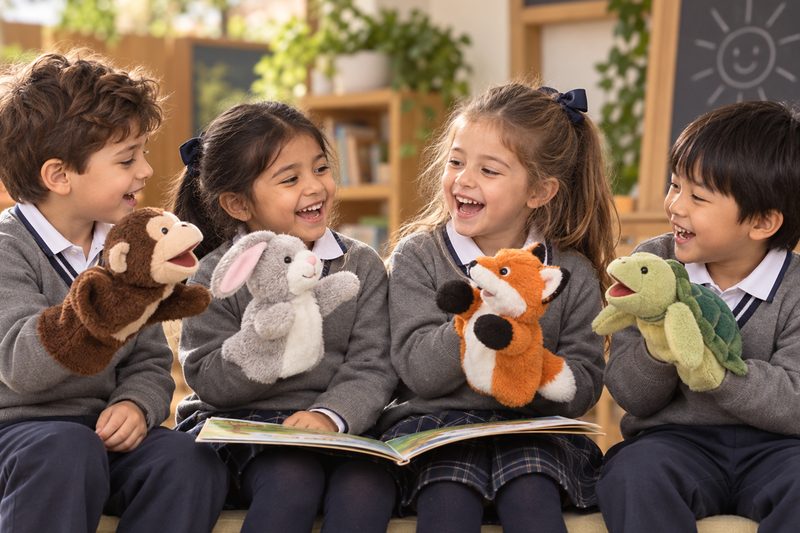 Four pupils in uniform laughing as they act out a story with hand puppets
