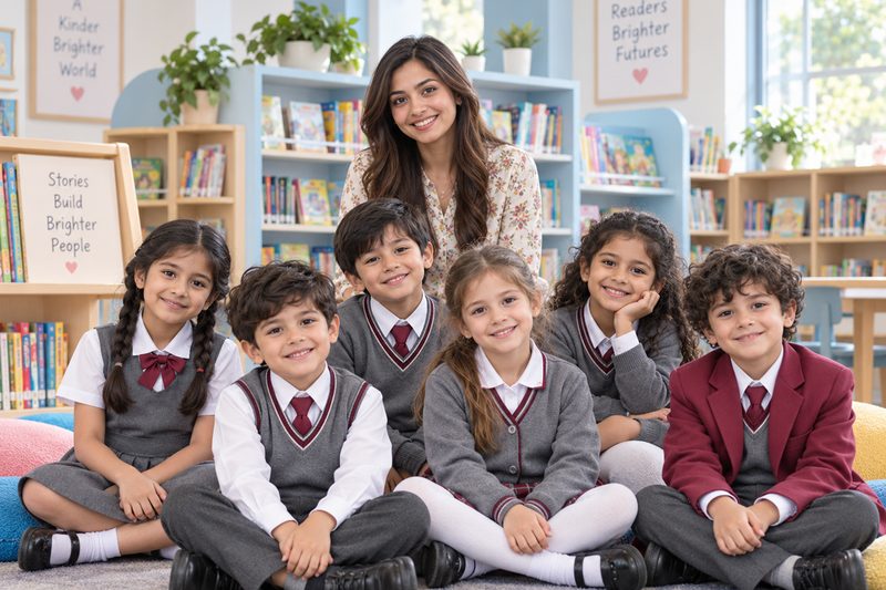 A class teacher sitting with a small group of pupils in the school library