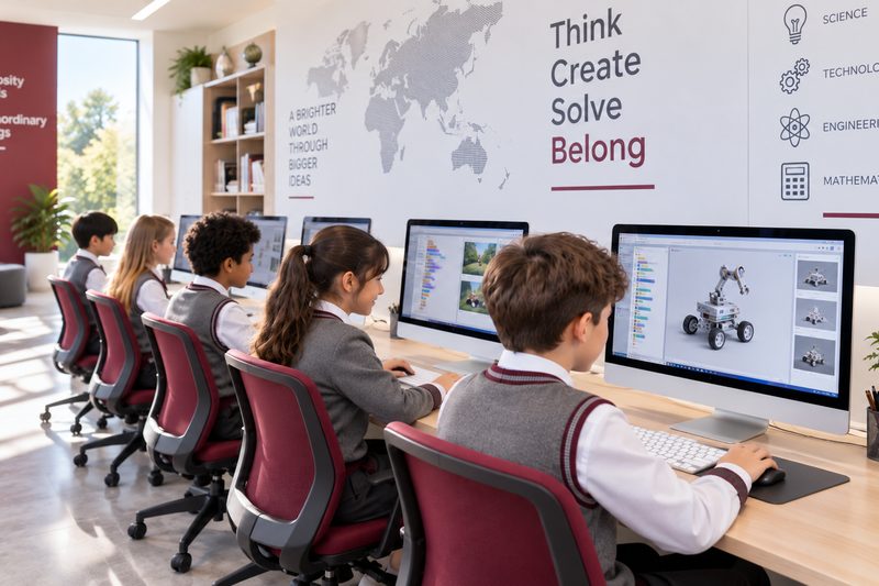 Pupils in uniform working at computers in a bright classroom